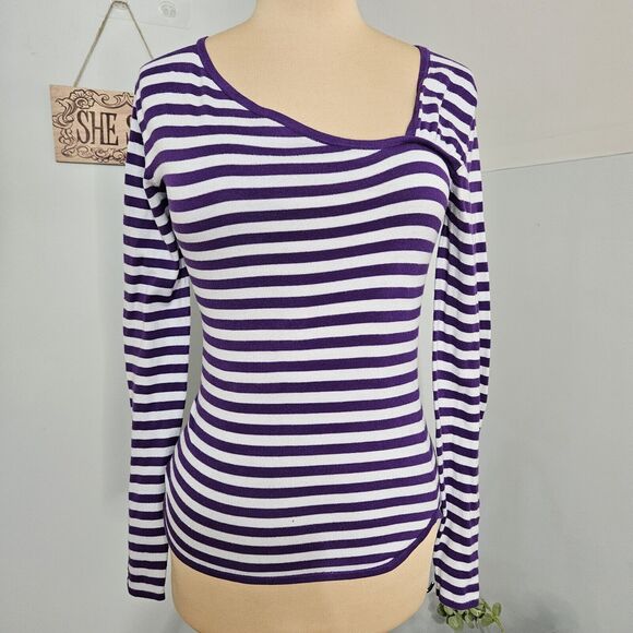 Cotton By Autumn Cashmere Sweater Womens M Purple White Striped Pullover Cotton - Picture 2 of 14